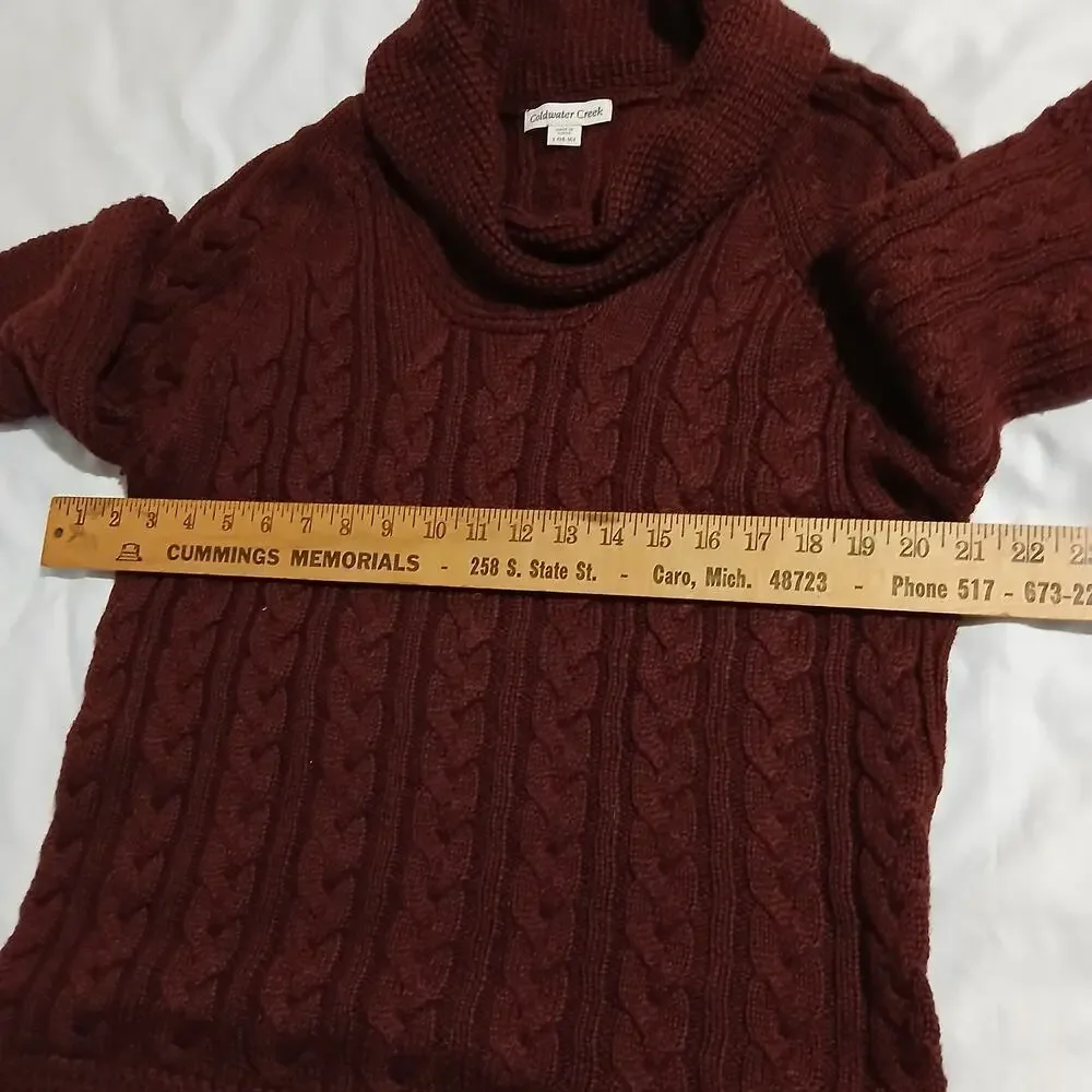 Coldwater Creek L (14/16) Maroon Cable Knit Cowl Neck Wool Blend Tunic Sweater